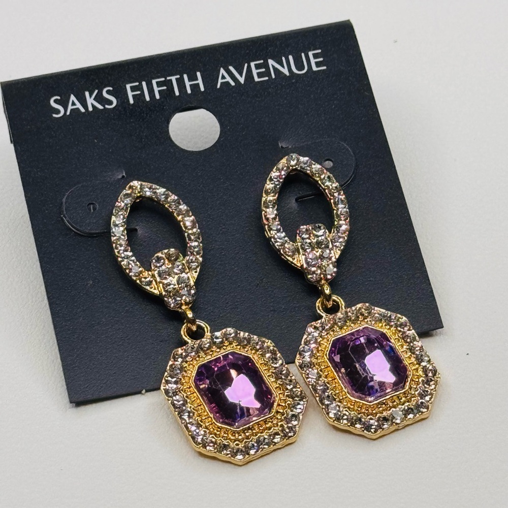 Saks Fifth Avenue Purple Crystal Drop Earrings with Gold Accents 1.75 inch